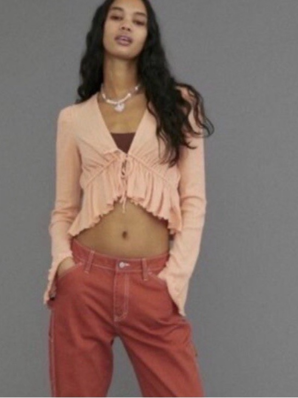 Urban Outfitter Lucielle Ruffle Tie-Front Coral Top  NWT